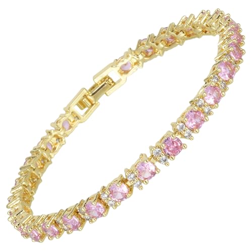 RIZILIA Pink Sapphire Tennis Bracelet for Women - 25 Stone 6.25 CTTW 4mm Round Cut CZ 14K Yellow Gold Plated Eternity Chain October Birthstone Gift 7 Inch