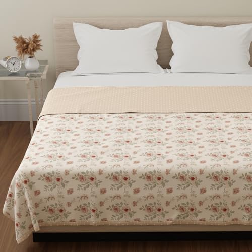 Image of HUESLAND 100% Cotton Reversible Dohar Single Bed Cotton | Soft Cambric Weave, Lightweight AC Blanket for Summer & All Weather Use | 56 x 89 inches, Floral Medley - Ivory & Peach