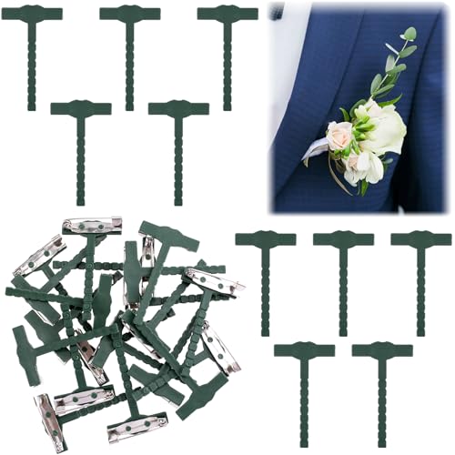 Alpinleux 10 Pcs T-Shaped Boutonniere Pins for Men Plastic Boutonniere Kit Tiny Boutonniere Supplies Pins for Boutonniere Flowers Wedding Birthday Festivals (Green)