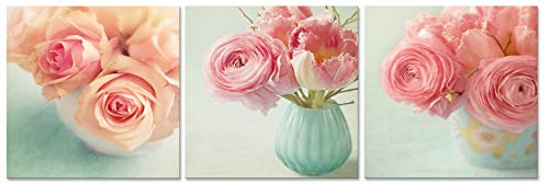 CUFUN Art - Rosas Rosadas en florero Verde Menta Impresiones de Fotos Hermosas en Lienzo Cuadros Lindos Arte de la Pared del Dormitorio Ideal para Amigas 12x12inx3pcs
