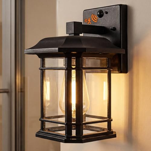 Warmiehomy 3 Modes PIR Outdoor Wall Lights with Motion Sensor, E27 Black Wall Lamp, IP65 Waterproof Outside Lights, Exterior Wall Light for Front Door Porch Balcony Black (Bulb Included)