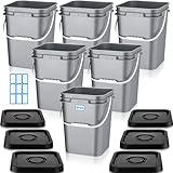 Vesici 6 Pcs 5 Gallon Food Grade Square Buckets with Lids 5 Gal Plastic Food Storage Square Bucket Heavy Duty Industrial Pail Container with DIY Label Stickers Handles for Water Painting(Gray)