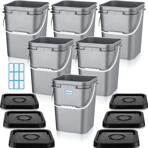 Vesici 6 cubos cuadrados de 5 galones con mango de plástico y tapa, contenedor de alimentos industrial con etiqueta adhesiva de bricolaje para pintura multiusos, proyectos de arte de agua (gris con