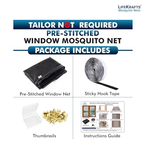 Image of Lifekrafts Standard Size Window Mosquito Net (Size-80x100cms /32x39 Inches /2.62x3.28 Feet, Color-Black) 120 GSM Stitched Fiberglass Net with Strong Hook & Loop Adhesive Tape