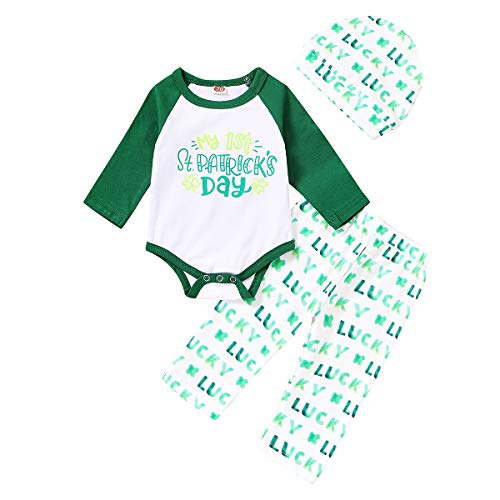 Newborn Infant Baby Boy Girl Clothes My 1st St. Patrick's Day Romper + Green Stripe Pant + Hat 3pcs Outfit Set (Lucky, 6-12 Months)