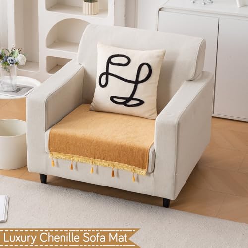 Image of HOKIPO 'Serenity Tassel' Chenille 1 Seater Sofa Cover with Tassel - Sunlit Amber (IN-890-GLD)