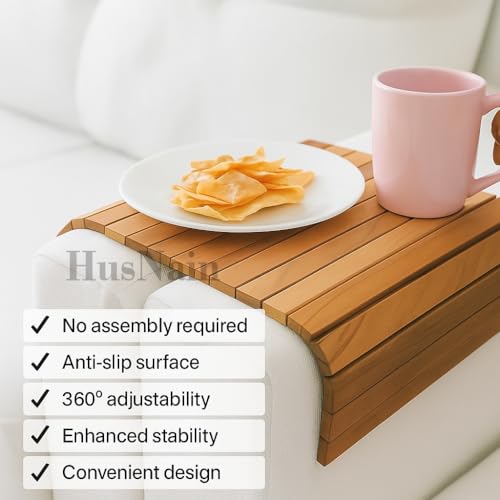 Image of HusNain Wood Foldable Armrest Sofa Tray- Serving Tray Dining Table Rectangular Mat- Armrest Rollable Tray for Office Couch- Multipurpose for Breakfast, Tea Serving, Table Decor (Standard)