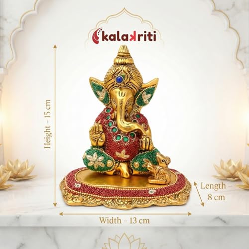 Image of Kalakriti Metal Ganpati Idol with Mouse, 6 Inch Gold Finish Lord Ganesha Statue for Home Decor |Temple Office Hostel Desk, Hindu God Ganesh Vinayaka Decorative Showpiece for Living Room, Chua Ganesh