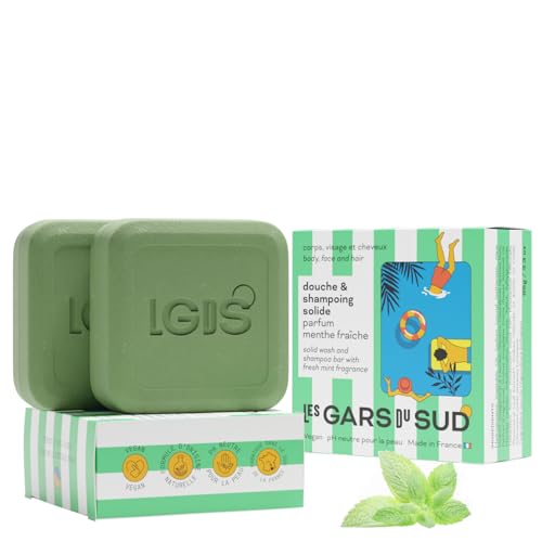 Juego de 2 – Gel de ducha y champú sólido 3 en 1 95 g, aroma de menta fresca, vegano, pH neutro, fabricado en Francia