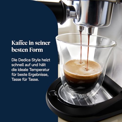 Foto von De'Longhi Dedica Style - Perfetto Kompakte Siebträgermaschine Espressomaschine mit Tasten, manuellem Milchaufschäumer für Espresso und Cappuccino, ESE Pad geeignet, 15cm breit, Metall (EC685.M)