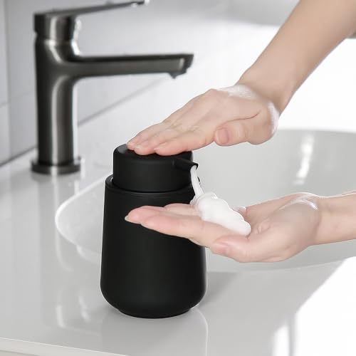 Image of YAUKPH Matte Black Foaming Hand Soap Dispenser Plastic 11 oz - Modern Minimalist Style for Bathroom & Kitchen Countertop Refillable