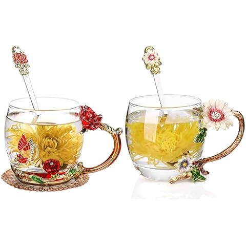 onepeng Gifts for Mom Women Mothers Day Glass Tea Cups Coffee Enamels Mug Best Birthday Butterfly Rose Gifts for Her from Daughter Son Valentines Day Christmas Tea Cup with Spoon Set Cover