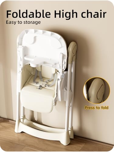 Image of Babilous High Chair, Foldable High Chairs for Babies and Toddlers with Removable Tray, Height Adjustable Feeding Chair, Adjustable Backrest and Footrest, Beige