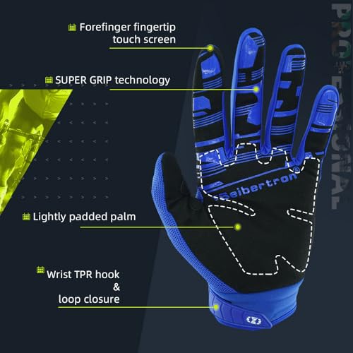 Image of Seibertron Youth Unisex MX ATV MTB Racing Gloves - Full Finger Touchscreen Glove for Bicycle Cycling Mountain Biking Motorcycle and Motocross Blue XS
