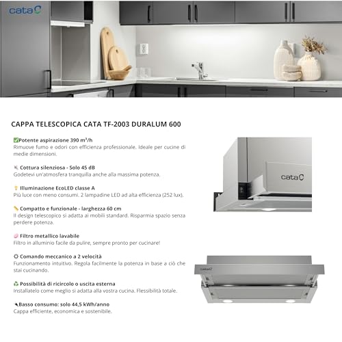 Miniatura 10 de Cata Campana Extractora Modelo Tf 2003 Duralum 60 2 Velocidades De Extracción Campana Extractora Cocina 390m3 H - 150m3 H Acabado En Acero Inoxidable