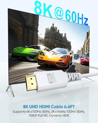 Image of 8K White HDMI Cable 6.6FT /2M, 48Gbps Ultra High Speed HDMI 2.1 Cable eARC Braided HDMI Cord with 8K@60Hz, 4K@120Hz, HDR10+, Dolby, 3D, HDCP2.3 for Laptop /Monitor /HDTV /Soundbar /Blu-ray /PS5 /Xbox