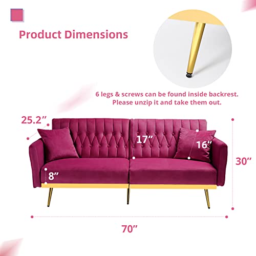 Acmease 70” Velvet Futon Sofa Bed With 2 Pillows And Adjustable Armrests, Convertible Sleeper Bed, Modern Loveseat For Living Room, Bedroom, Fuchsia #TOP2