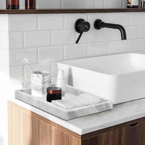 Image of Marble Bathroom Tray,Pure Natural Marble Vanity Tray,Marble Tray for Kitchen Counter Non-Ceramic /Non-Resin,Stone Tray 12 x 8 inch (White)