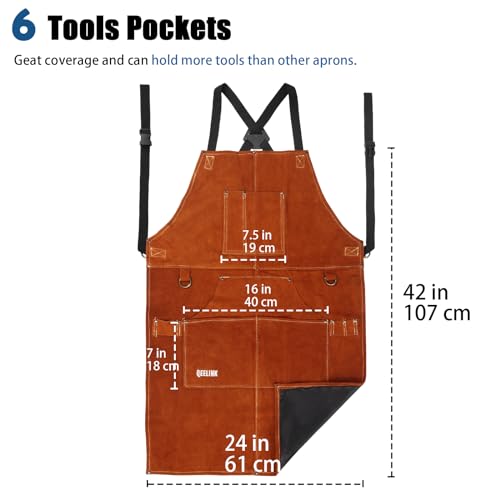 image for QeeLink Leather Welding Apron with 6 Pockets - Heat & Flame-Resistant 