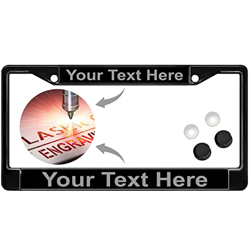 Image of Custom Personalized Black Powder-Coated Metal Laser Engraved Standard Size - Car /Automobile License Plate Frame with Free caps - Black /Gray Text (Qty: 1 Frame)