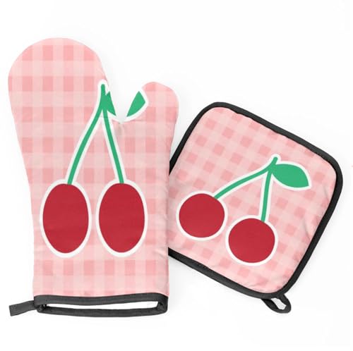 Grid Cherry Hand Painted Oven Mitts Kitchen Oven Gloves for Cooking Baking Heat Proof Lining Cotton Kitchen Potholder Mittens Pot Holders Hot Pads for Chef Women Men