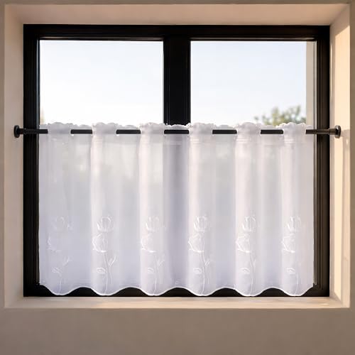 Happy Home Scheibengardine Alissa – 50 x 150 cm – weiß mit Blumenstickerei – halbtransparent – Bistrogardine mit Stangendurchzug – Gardine für Küche & Bad