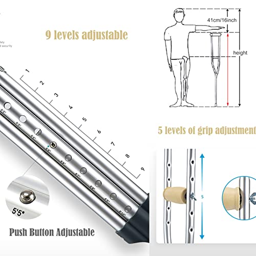 Aluminiowe kule pachowe (1 para 2 sztuki), ergonomiczne regulowane szelki do chodzenia z uchwytem TPR, dla osób starszych, niepełnosprawnych i niepełnosprawnych fizycznie (rozmiar: Tall Adult(
