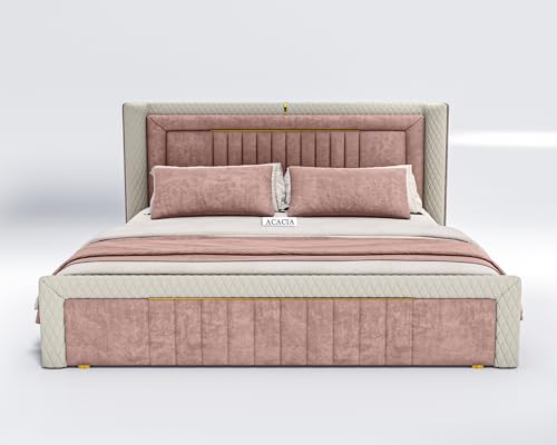 Image of Acacia Modern Upholstered King Size Bed with Box Storage for Bedroom | Wooden Double Bed with Storage | Platform Cot Bed with Upholstery Premium Fabric | 6.5 x 6 Ft | Sheesham Wood | Dusty Rose