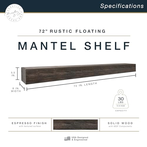 Image of MCS 72-Inch Mantel, Master & Co Espresso Finish Solid Wood Floating Fireplace Mantel, Long Floating Shelf for Livingroom with Wood Cleat Hanging System, Photo and Home Decor Display Shelf
