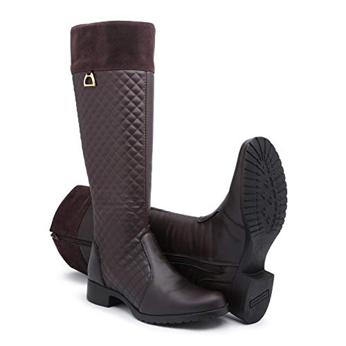 Bota Montaria Feminina Bordada Confort Cano Alto Zíper Lateral Marrom Cor:Marrom;Tamanho: 36