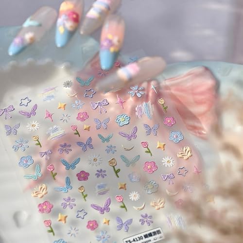 Image of Flower Nail Stickers Decals Colorful Nail Stickers for Nails Art Butterfly with Design 5D Embossed Self Adhesive Nails Charms for Women Manicure DIY Decoration Accessories