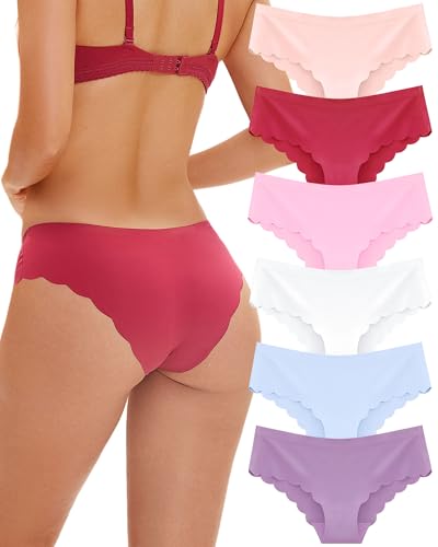 Image of FINETOO 6 pack Seamless Underwear for Women Sexy Low Rise Hipster Wave Edge No Show Bikini Panties Womens Cheeky S-XL