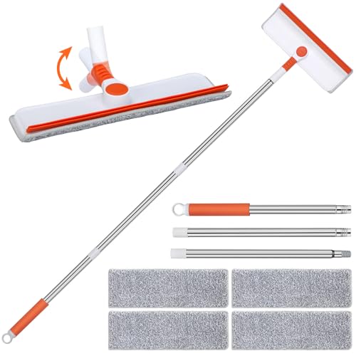Alyvisun Limpiacristales Profesional, 132cm Palo Telescopico Limpieza para Ventanas con Cabezal Flexible, Limpiador de Ventanas con Escobilla de Silicona & 4 Paños de Microfibra