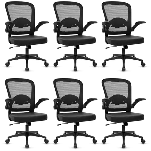 Image of KLASIKA Desk Chairs with Wheels, Ergonomic Mesh Back PU Leather Seat Home Office Adjustable Lumbar Support and Height Swivel Rolling Computer Task Chair with Flip Up Arms for Conference, Black, 6PK