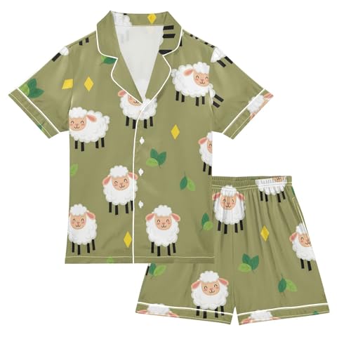 Satin Pajama Sets Short Sleeve Sheep Pattern with Leaves Button Down Silky Nightwear 2 Piece PJS 5-14Y