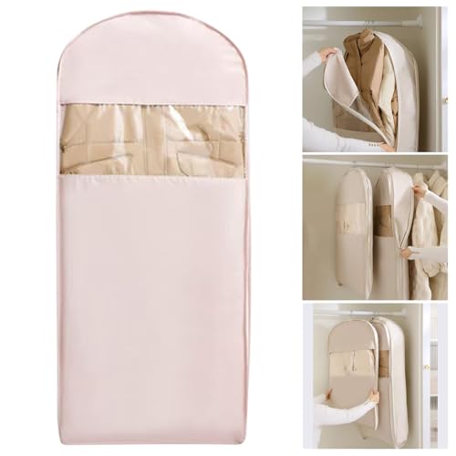 Garment Bag for Travel Hanging Clothes, Suit Bag with Self Compression Zipper, Space Saver Closet Storage Organizer for Dress, Coat, Shirts, Down Jacket (Pink, 52'')