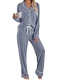 LILLUSORY Women's Long Sleeve Pajama Set - Soft Button-Down Top & Comfortable Drawstring Pants with Pockets Blue M