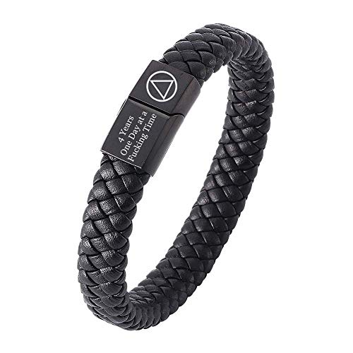 ForeverWill 4 Years AA NA Sobriety Jewelry Gifts for Men Women,Inspirational Leather Recovery Bracelets,Personalized Narcotics Alchohol Addiction Recovering Gifts for Friends Family,Customized