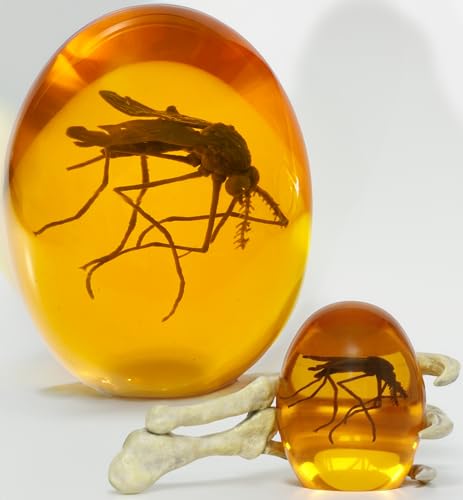 VEOJEIN 3D Mosquito in Amber & Jurassic Dinosaur Hand, 6.5" x 3.0" Gift for Collectors and Enthusiasts, Aged Effect Paperweight, Original Design Desk Decor, Amber-Colored Resin Sculpture