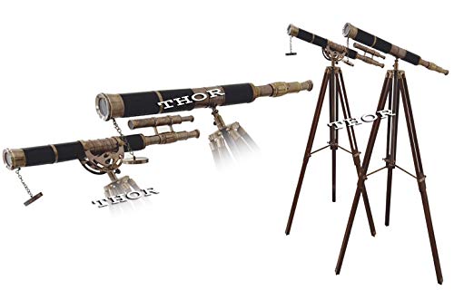 Vintage Look Antique Telescope Black Leather W/Tripod Single & Double Barrel Set of 2 Rustic Vintage Home Decor Gifts