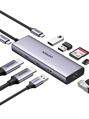 UGREEN 9-in-1 Docking Station 4K@60Hz Dual HDMI USB C Hub Powered RJ45 Gigabit Ethernet Type C Hub with PD 100W Charging, USB 3.0 Ports, SD/TF Card Reader, for MacBook Pro/Air, Dell XPS, HP, and More