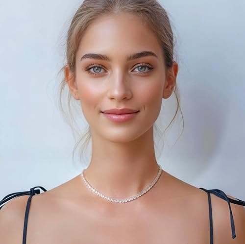 14K Gold Plated Women Tennis Necklace with CZ Gems and 13-18'' Adjustable Chain, Gift for Christmas, Baptism, Wedding, Birthday, Anniversary (Box Included)2