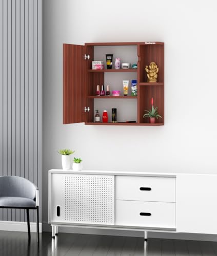 Image of Madhuran Alfred Engineered Wood Wall Mounted Cabinet Mirror (Teak Finish) Makeup Dressing Storage Organizer Box Stand Cabinets Accessories Shelves Decoration Items
