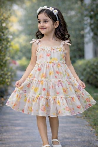 Image of Buy & Try Girls Printed Georgette Frock, Sleeveless Summer Dress, Lightweight Knee Length Baby Girl Dress, Casual Outfit, Soft Comfortable Fabric, Stylish Kids Wear