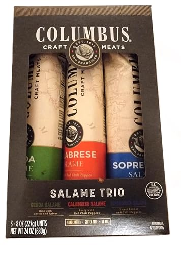 Columbus Craft Meats Salame Trio Gift Pack, Genoa, Calabrese, and Sopressata, US Inspected and Passed by Department of Argiculture 3-8 oz Units Net Wt 24 Oz (680g)
