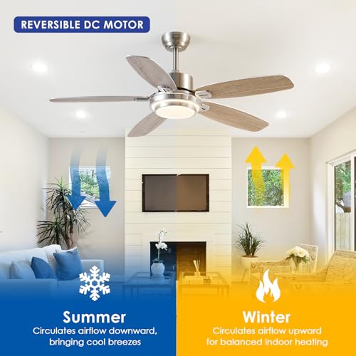 50inch Brushed Nickel Ceiling Fan with Light - Quiet Reversible DC Motor 5 Dual-Finish Blades Dimmable 3-Color LED for Bedroom Living Room Indoor - Image 6