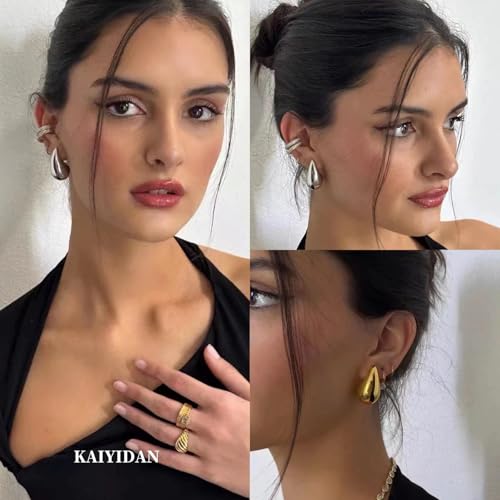 Gold/Silver Conch Chunky Teardrop stud Earrings for Women Set,18K Plated Waterdrop Earrings Studs Pack,Silver Pear shaped Earrings Studs,Trendy Jewelry Gift. by KAIYIDAN - Used condition - Image 2