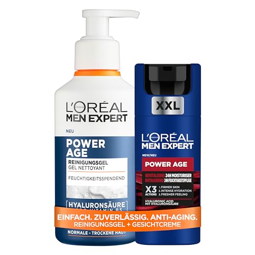 L'Oréal Men Expert Power Age Set: Anti-Aging Gesichtspflege für Männer mit Hyaluronsäure – Anti-Falten Gesichtscreme (100ml) & Feuchtigkeitsspendendes Waschgel (260ml) für trockene und müde Haut