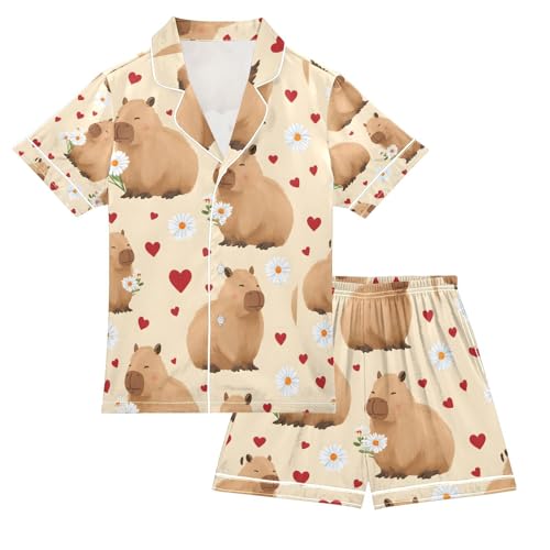 senya Capybara Love Daisy Flower Satin Summer Pajama Sets Silk Short Sleeve Button Down Sleepwear
