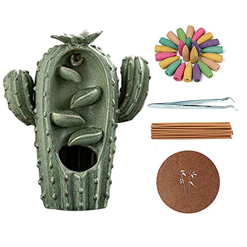 Backflow Incense Burner Holder Cactus Waterfall Home Decor Porcelain With Incense Cone Sticks Holder Incense Sticks Backflow Incense Cones Mat Tweezer Gift Set (1) #TOP1